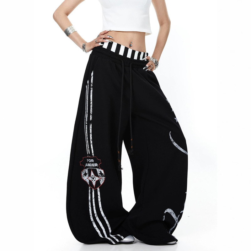 American-Style Cool and Spicy Side-Striped Sweatpants for Women with Patchwork Drawstring Waistband, Straight Wide-Leg Sports Dance Casual Long Pants
