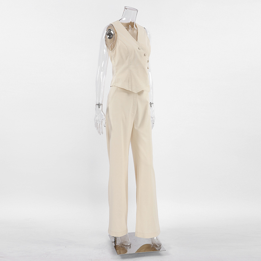 Women's Clothing commuting apricot cotton and linen vest vest wide leg pants two piece suit female 2024 summer deconstruction design suit_voghion.com