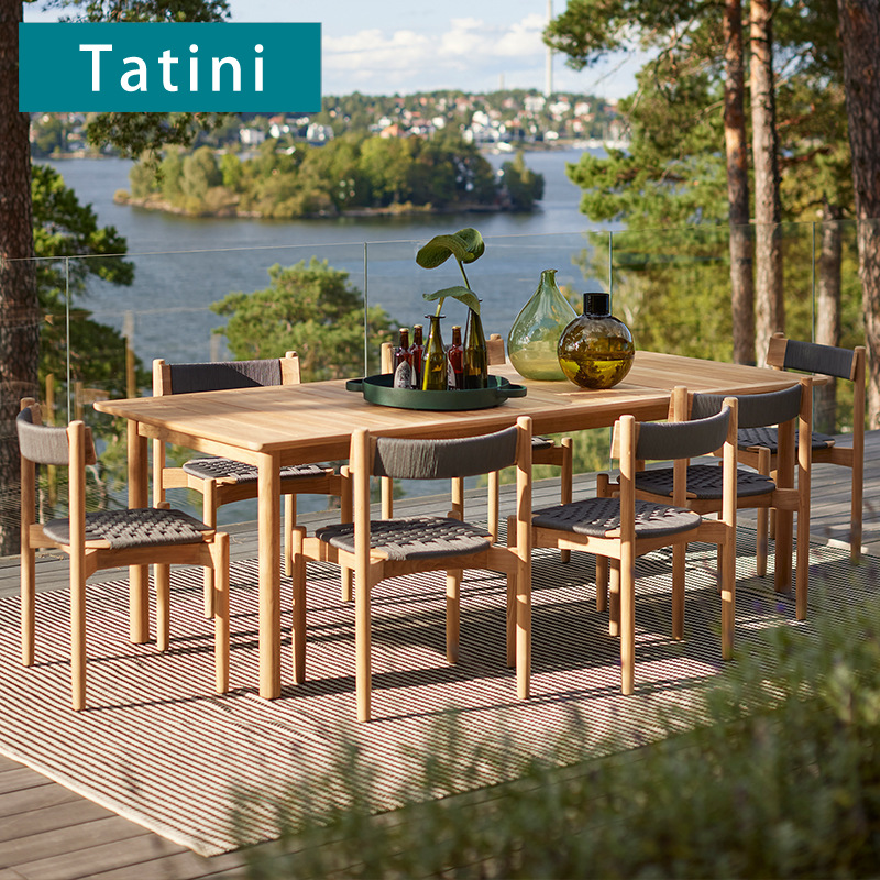 Mesa y silla de teca al aire libre, patio impermeable, protección solar, mesa y silla de comedor de madera maciza, muebles de diseño, combinación de tela de caña al aire libre