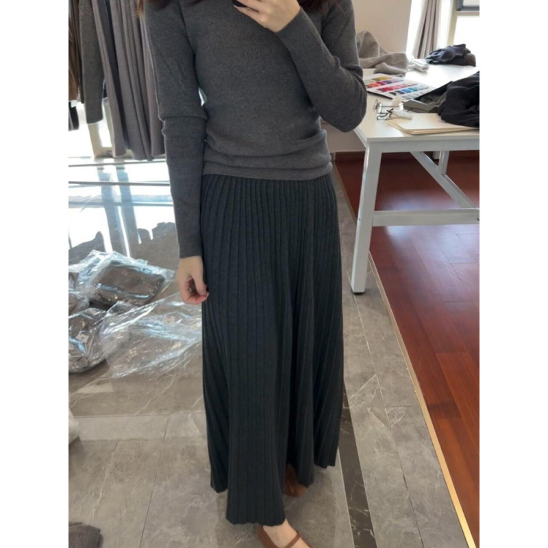法式加厚灰色羊毛半身裙女2025冬季新款垂坠感百褶中长款大摆裙子