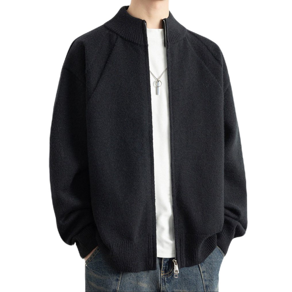 Explosiones transfronterizas de tamaño europeo de gran tamaño de cuello de pie cardigán chaqueta suéter de punto suéter de hombre doble cremallera fábrica al por mayor