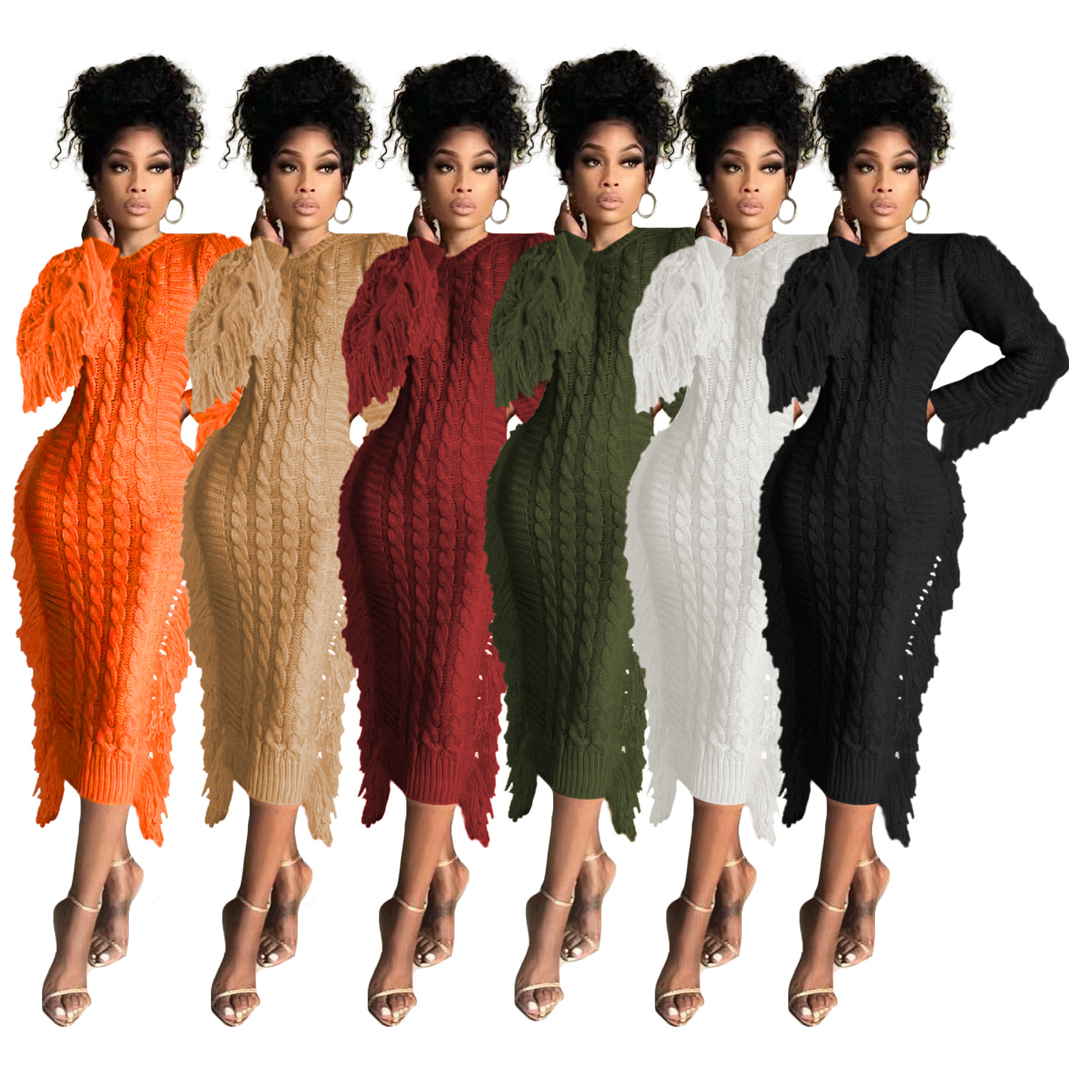 Robe pull femme avec franges longues en maille pour l'hiver_voghion.com