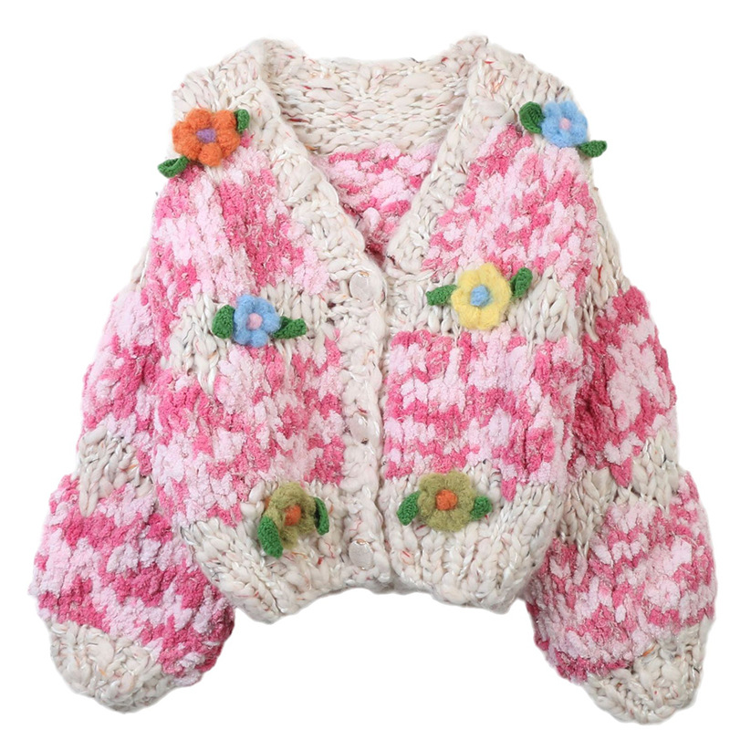 Women's Clothing retro sweater autumn and winter new women's clothing colorful handmade flowers long sleeve loose lazy knitted cardigan top_voghion.com
