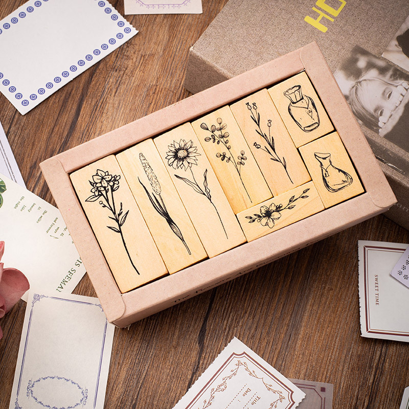 Vintage Lotus madera combinación traje sello planta florero mano cuenta DIY álbum diario decoración 2 opciones
