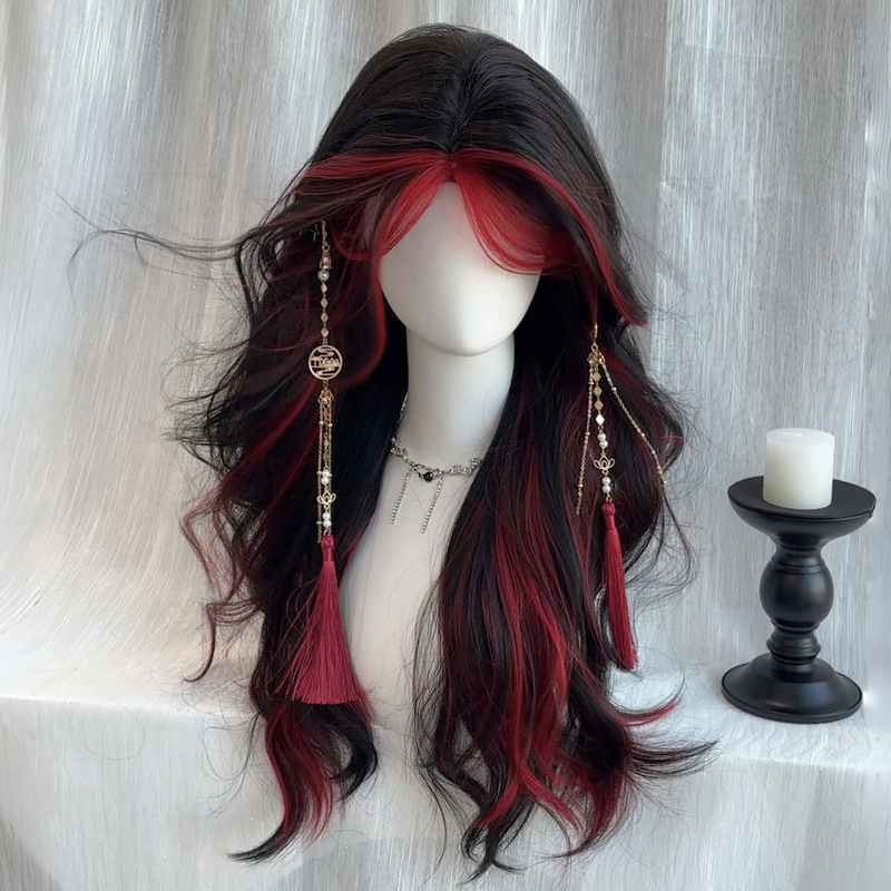 Wig for Women with Red and Black Highlights, Bangs, Dyed Long Curly Hair, Punk Style, Middle Parted Highlights, Personalized Full Headgear