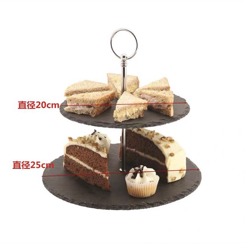 Estilo japonés y coreano Luz de lujo doble capa negro pizarra pastel soporte tarde té pastel placa occidental postre Placa de fruta Placa de oscilación