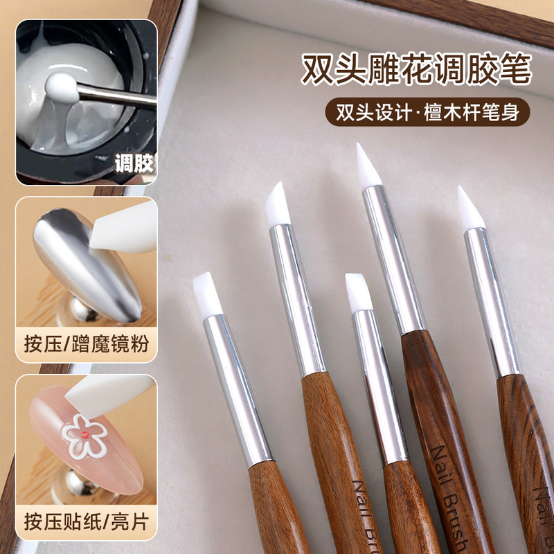 Manicure Double-Ended Sandalwood Pole Japanese-Style Silicone Pen Metal Round Head Glue Mixing Pen Embossed Painted Manicure Tools