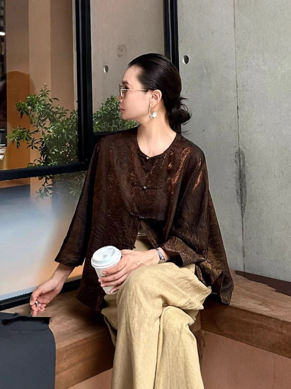 双色复古洋气重磅香云纱浮光锦提花新中式琉璃金盘扣秋季上衣|undefined