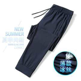 凉感速干裤男裤夏季薄款男士休闲裤弹力束脚运动裤冰丝收口九分裤