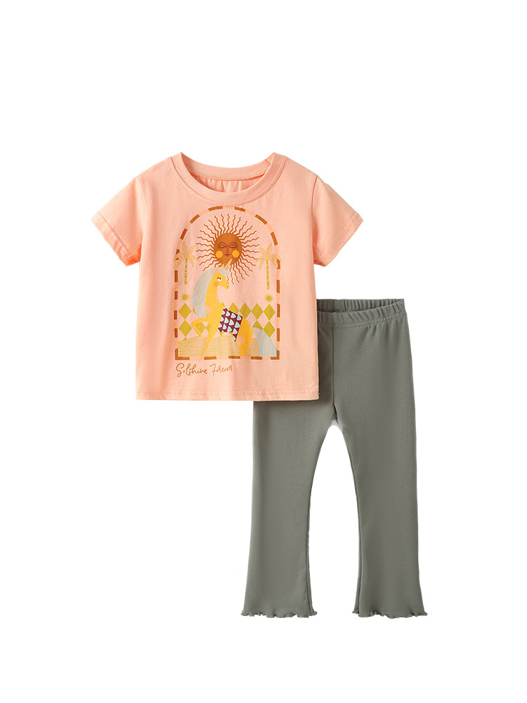 Trajes de niñas malwee transfronterizos de verano nuevos niños europeos y estadounidenses cuello redondo manga corta encantador conjunto de impresión de dos piezas