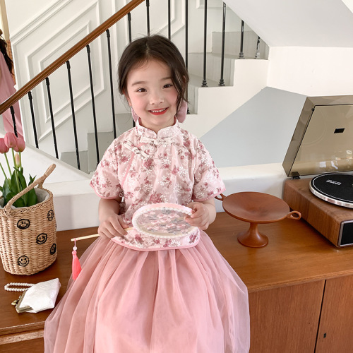 Elmo Beibei girls retro princess skirt  summer children's Chinese ancient style cheongsam gauze skirt two-piece suit