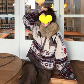 复古撞色卡通小马毛领开衫毛衣女2025秋冬新款宽松慵懒风针织外套