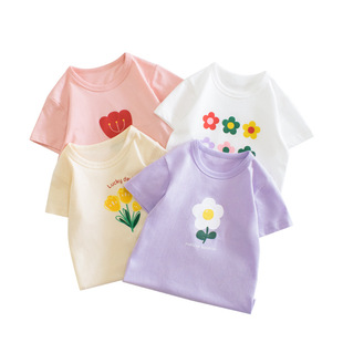 Children's clothing children's short sleeve t-shirt girls summer wholesale baby clothes 2024 flower printed top a generation of hair