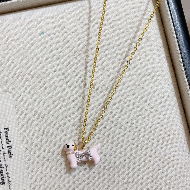 High-End Sweet and Cute Pink Dachshund Puppy Bow Necklace Long Fashion Versatile Clavicle Chain Accessories for Women