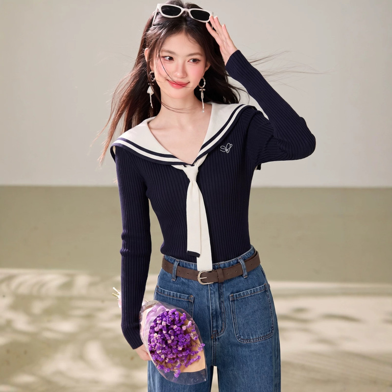 G2883 Autumn New American Retro Black Letter Embroidery Navy Collar Slim Fit Wool Knit Sweater with Tie G2883 Autumn New American Retro Black Letter Embroidery Navy Collar Slim Fit Wool Knit Sweater with Tie