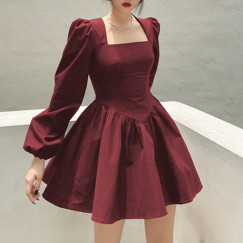 solid color Square Collar Court Sleeve A-Line Dress NSGWY117411