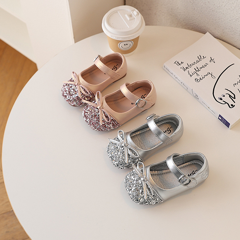 Children's Leather Shoes Girls' Princess Shoes Spring and Autumn New Children's Sequin Crystal Shoes Baby Shoes Soft Sole Non-slip