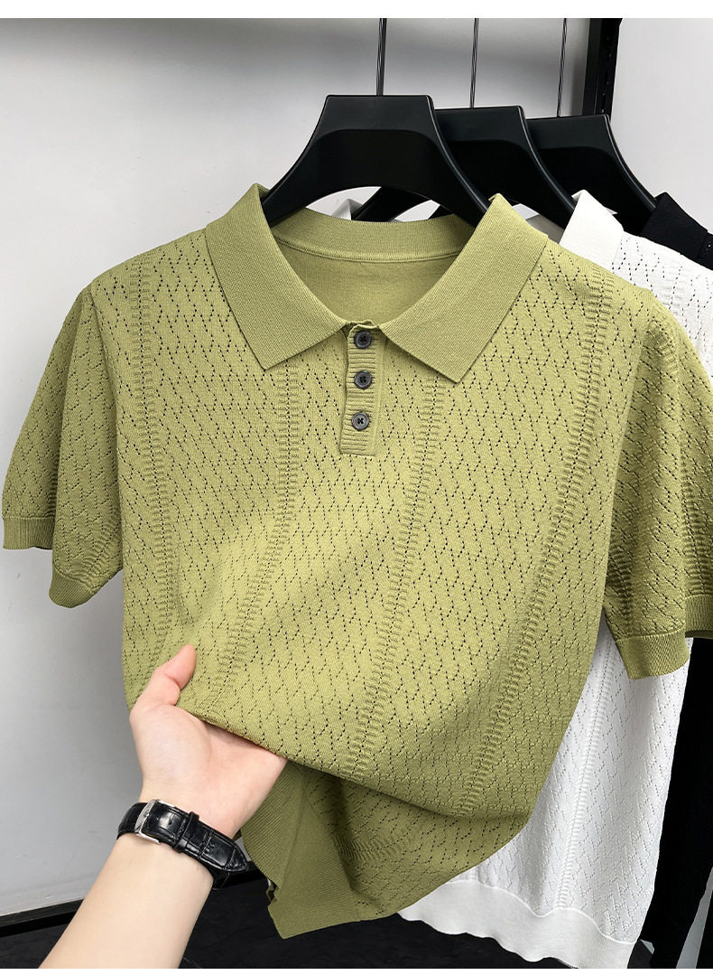 Men's Summer Cool Hollow Out Design Polo Shirt Luxury Style Elegant Retro Short Sleeve T-Shirt For Casual Wear_viptrois.com