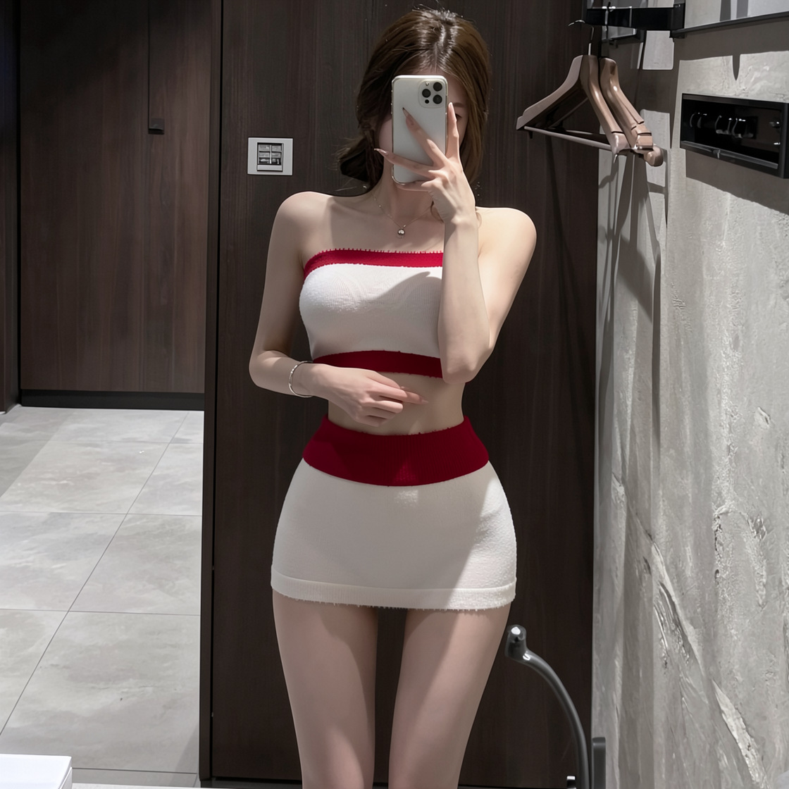 Knitted Tube Top & Mini Skirt Set, Two-Piece Christmas Pajama Style, White-Black — detail image 5