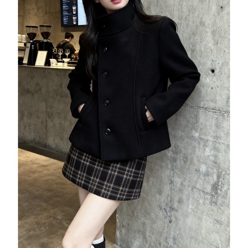 2025年春秋新款大衣呢上衣半身裙显瘦短款立领黑色毛呢外套套装