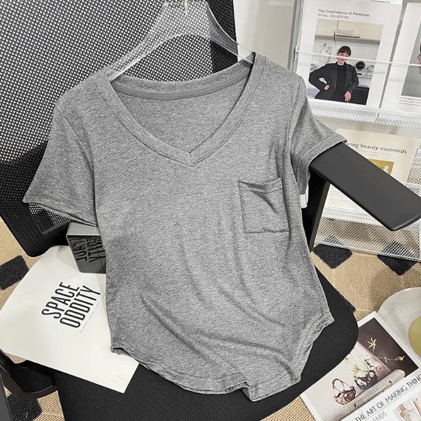 Verano delgado nuevo algodón de alta calidad camiseta de mangas cortas de cuello en V mujer ropa exterior suelta de moda irregular explosión de comercio exterior image 3