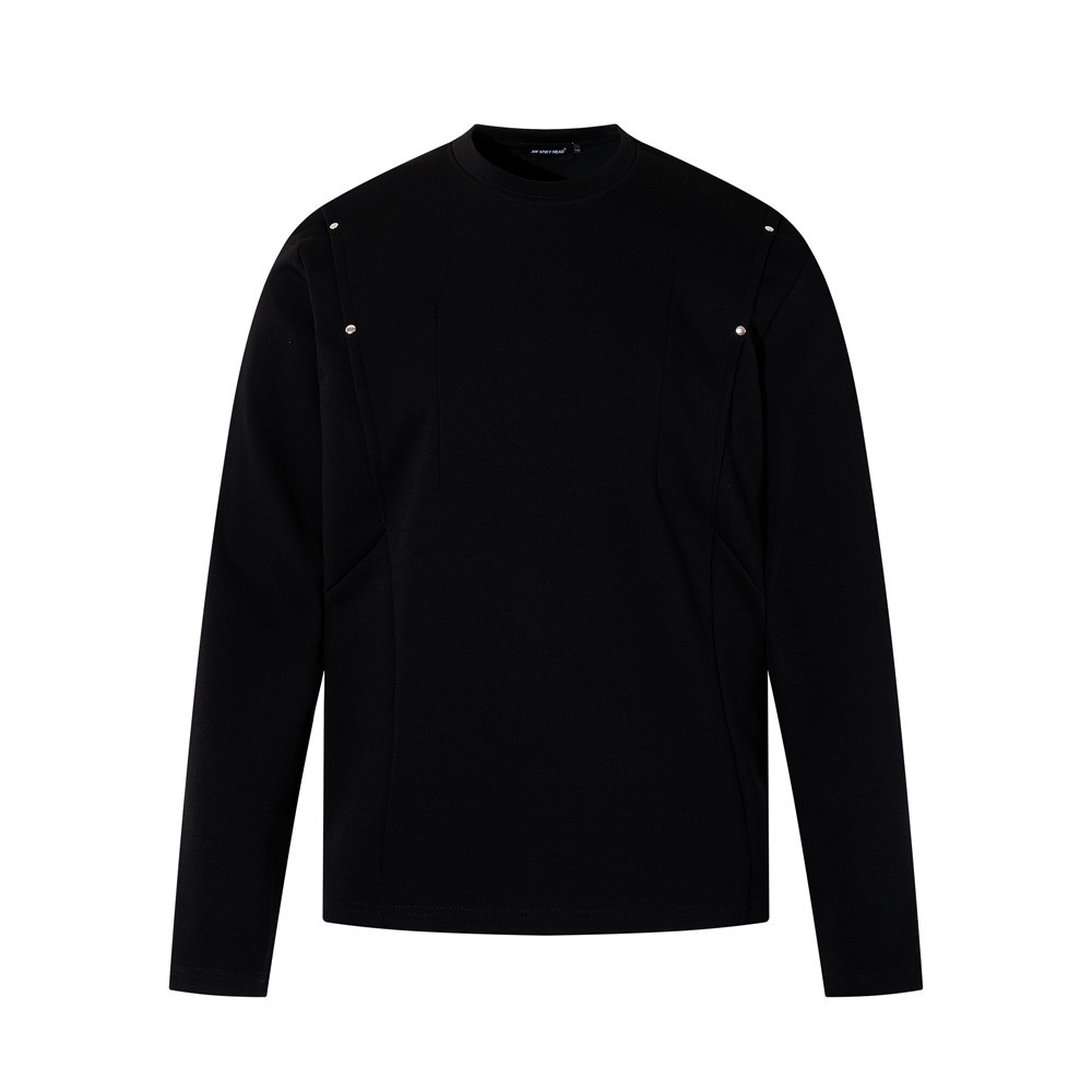 Solid Color Casual Crew Neck Sweatshirt For Men Spring And Autumn Versatile Loose Pullover With 3D Design Long Sleeve_voghion.com