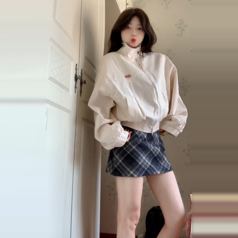 新款美式复古格子双面穿翻领绣花夹克女2025秋新款设计感撞侣雀珉|undefined