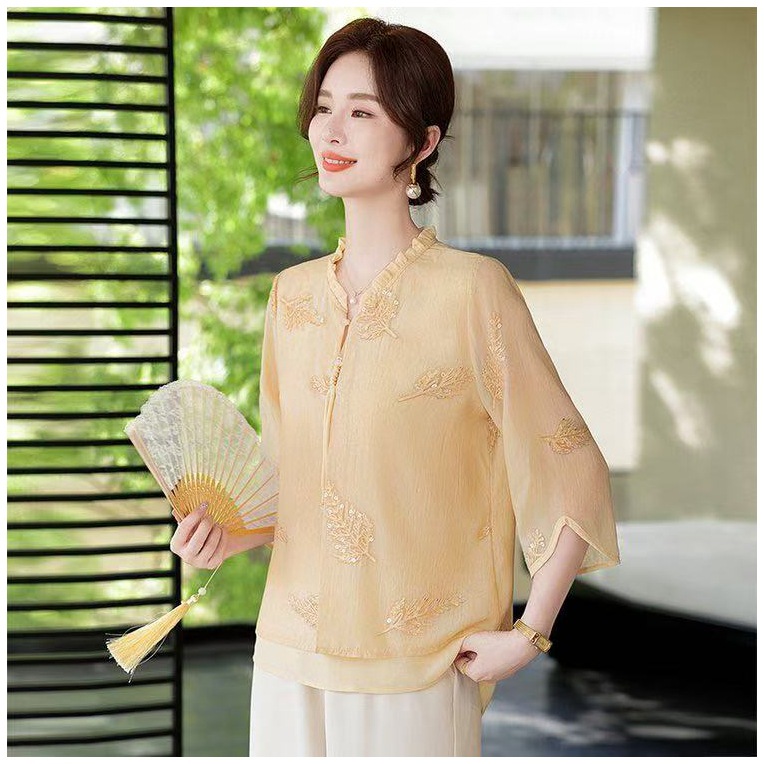 새로운 중국 자수 중년 및 노인 어머니 옷 여름 여성 가짜 투피스 티셔츠 얇은 시폰 셔츠 탑