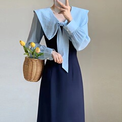 [ライトラグジュアリー] 春と秋の婦人服 2025 新しいフレンチウエスト痩身ネイビーフレンチスタイルの優しい長袖ドレス