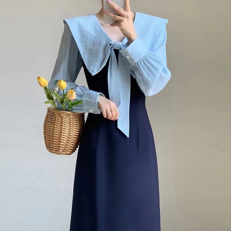 [ライトラグジュアリー] 春と秋の婦人服 2025 新しいフレンチウエスト痩身ネイビーフレンチスタイルの優しい長袖ドレス|undefined