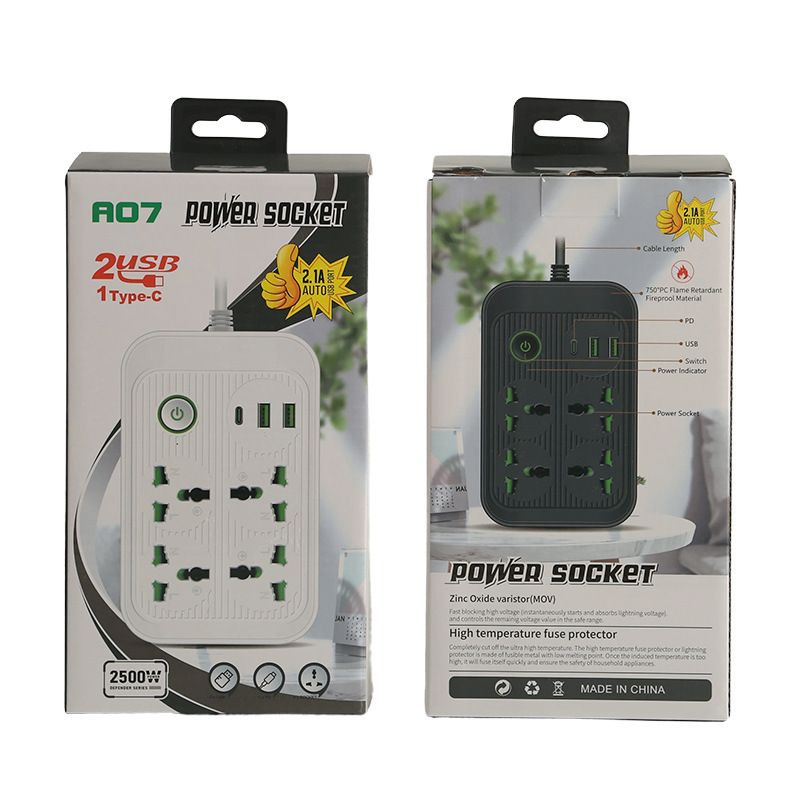 2USB + 1Type-c interfaz de carga de teléfono celular con caja negra con puerta de seguridad interruptor de anillo verde estándar británico estándar europeo estándar americano