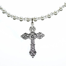 跨境貨源 歐美朋克風十字架 哥特式項鏈飾品 白色珍珠吊墜