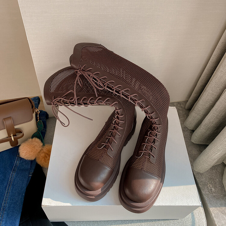 Boot lưới da thật cổ cao đế dày thoáng khí mùa xuân hè phong cách kỵ sĩ buộc dây — Màu nâu ống lớn, Màu đen cổ ống lớn, Ống nhỏ màu đen, Ống nhỏ màu be chi tiết 95