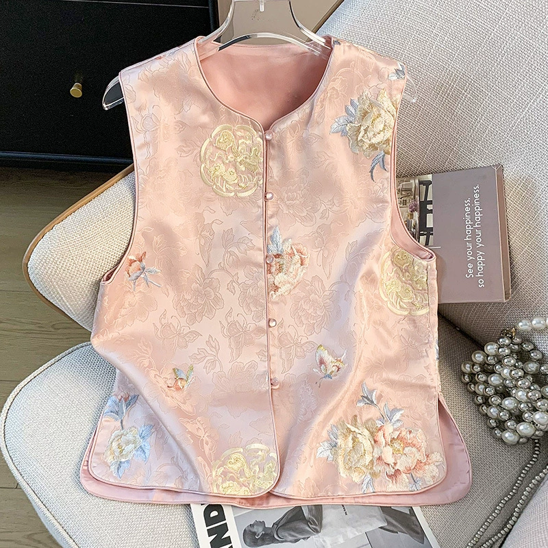 Настоящая фотография нового китайского стиля, древнего стиля династии Хань, с круглым вырезом, в этническом стиле, атласный жаккардовый топ с вышивкой, жилет, куртка-кардиган