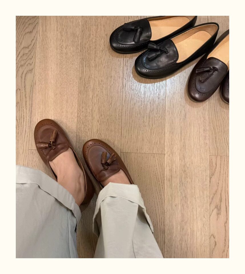Giày lười nữ da bò mũi tròn tua rua cổ thấp đế bệt — Màu nâu, Màu nâu cà phê, màu đen chi tiết 15