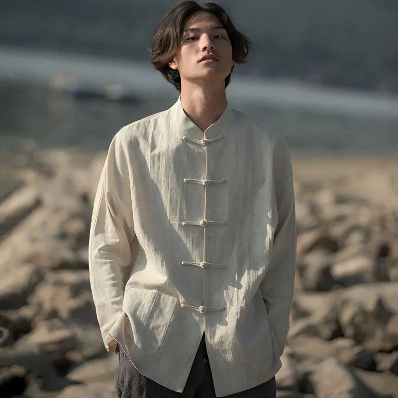 Primavera y otoño algodón y lino traje Tang top de manga larga para hombre traje de padre de mediana edad y anciano traje de Tai Chi chino camisa de fondo estilo chino retro chino image 7
