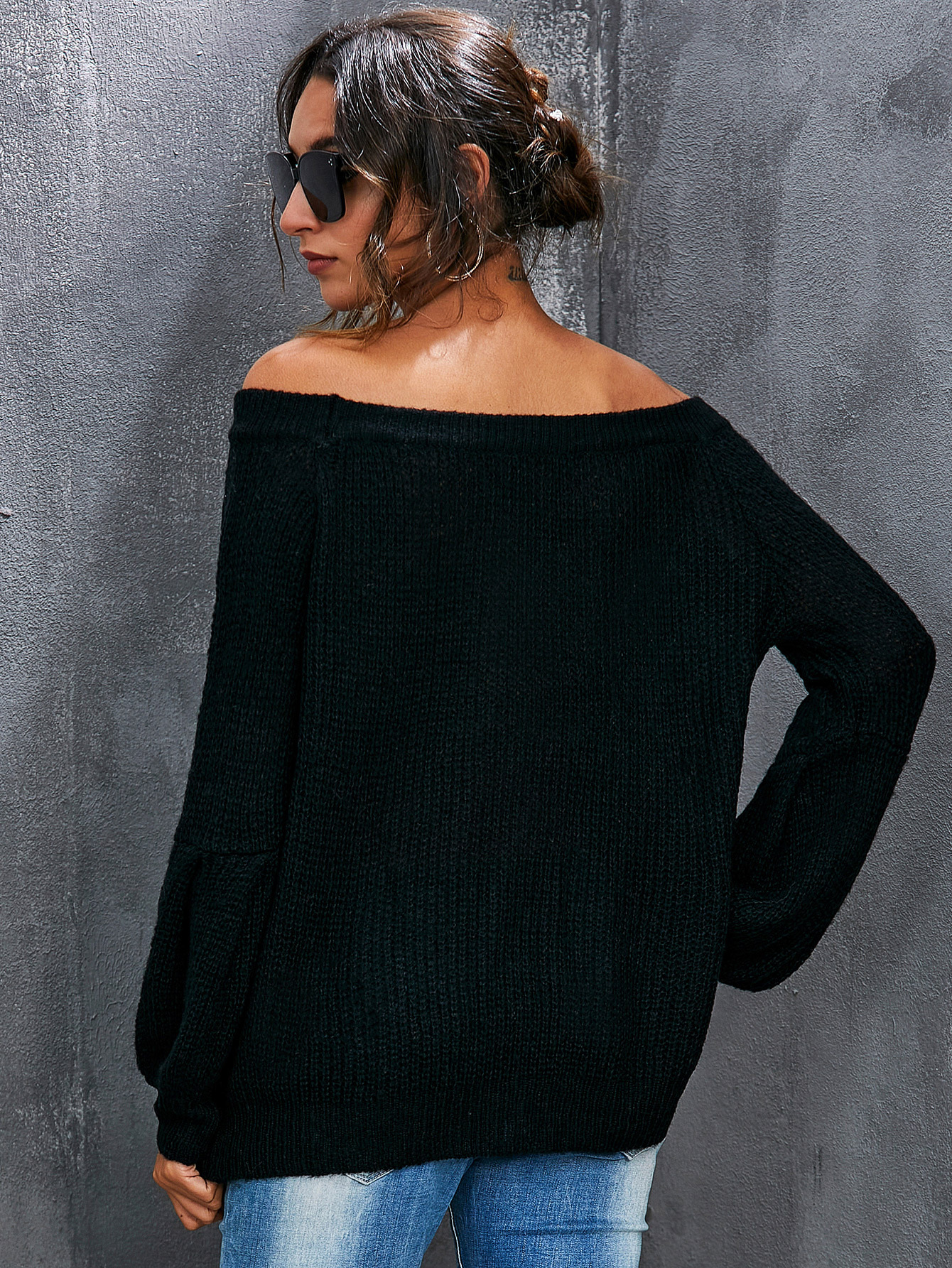 2021跨境新款性感露肩灯笼袖套头毛衣女