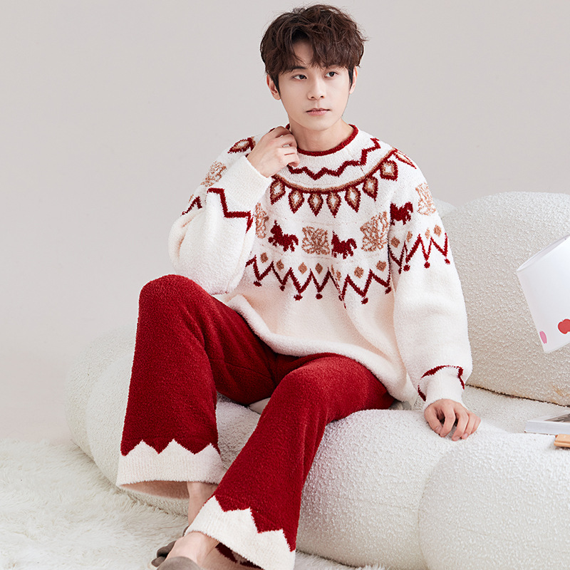 Fair Isle Men's Autumn and Winter Retro Half-Velvet Pajamas Round Neck Long Sleeves 2025 New Coral Velvet Loose and Thickeneded Style