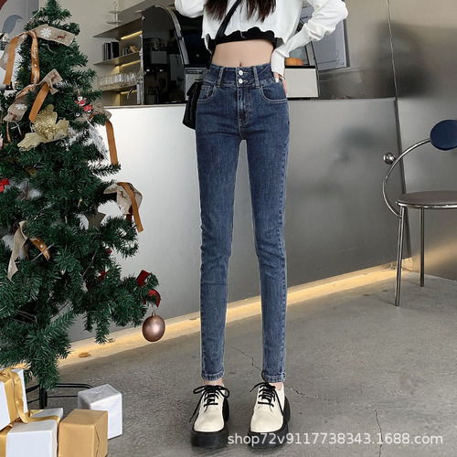 Blue-gray denim jeans for women, high-waisted, slimming,  autumn/winter new fleece-lined stretchy skinny pencil pants.
