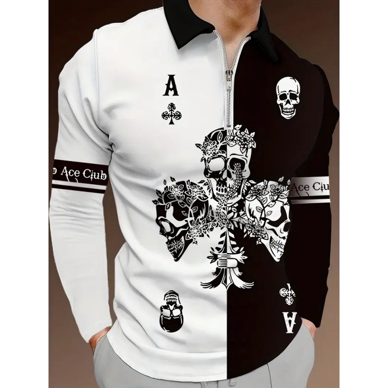 Personalidad blanco y negro a juego de color cráneo estampado 3D hombres calle principal ancho de hombro suelto transpirable solapa cremallera camisa POLO