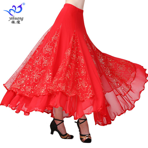 Purple red royal blue black colored Ballroom Dancing skirts for women girls Modern Dance Practice Sequin Swing Skirt Waltz tango Dance stage performance Long Skirt