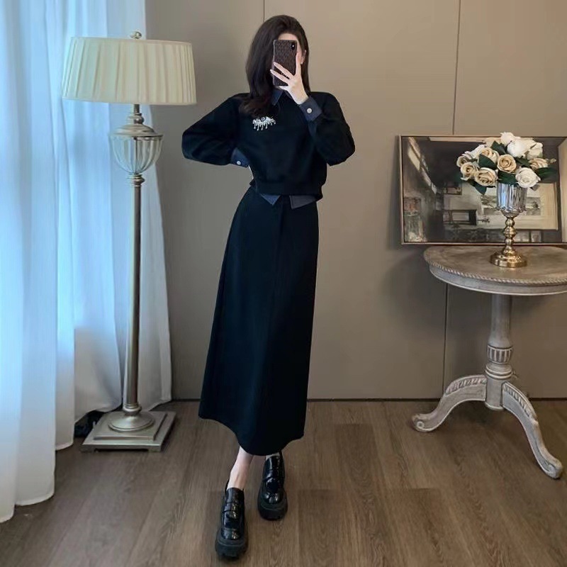 跨境秋季套装女2025年新款小众设计高级感假两件卫衣半身裙两件套|undefined