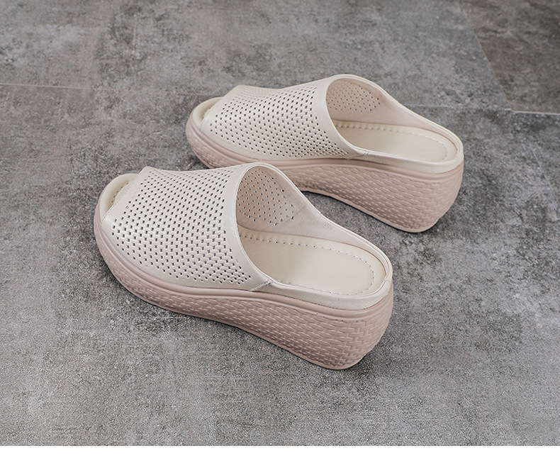 Dép sandal nữ quai chữ V đơn giản, đế xuồng cao, da bò thật, mũi hở — màu nâu chi tiết 15