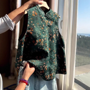 New Chinese Style National Style Retro Western Style High-end Green Printed Vest Unique Beautiful Early Spring Top Women's 2025