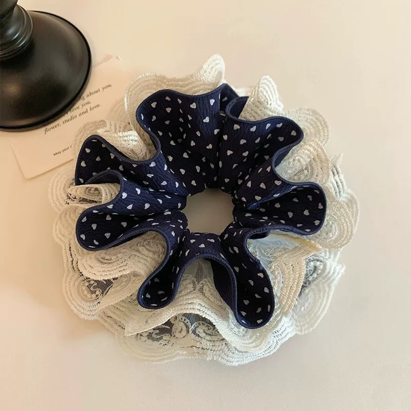 44# blue love pattern lace four-layer hair tie about 16cm