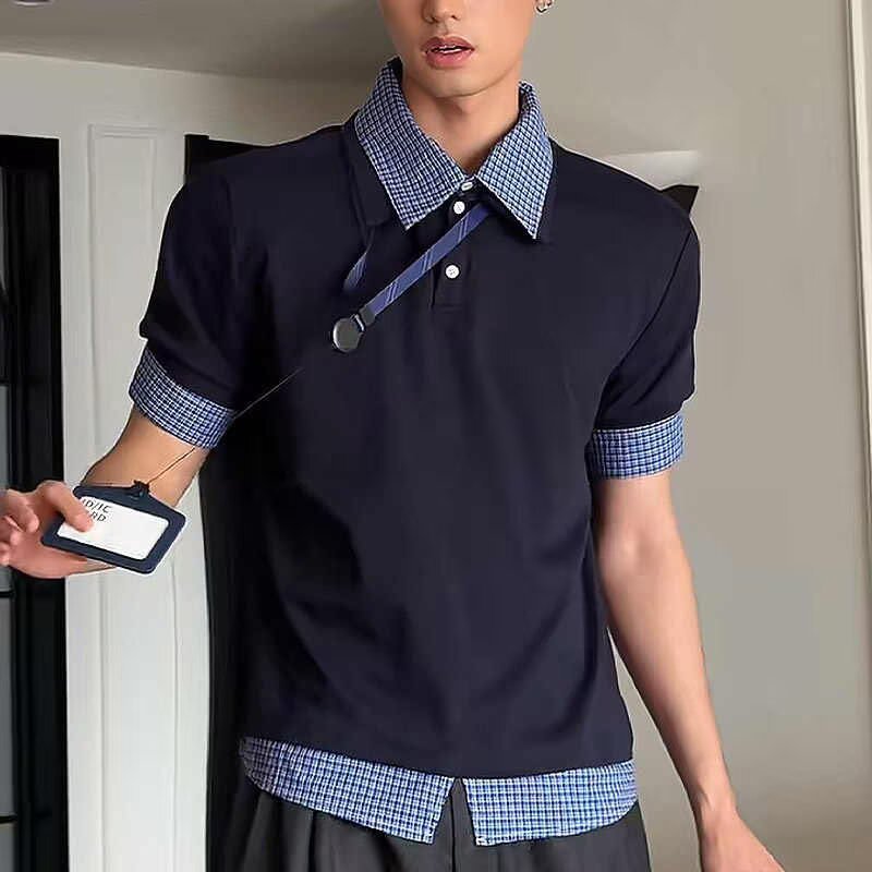Fake Two-Piece Polo Shirt Short-Sleeved Men's Summer American Plaid Miu Wear High-End Casual Half-Sleeved T-Shirt Shirt