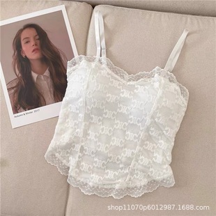 Internet Celebrant Lace Jacquard Camisole Spring and Summer New Outfit Base Top Anti-running Light Bra with Chest Pad