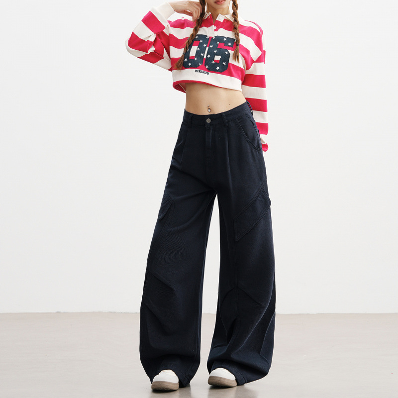 Pantalones Vaqueros Cargo de Pierna Ancha para Mujer de Mezclilla con Cintura Alta y Bolsillos