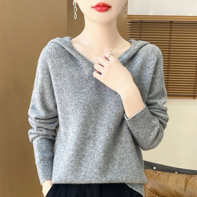 秋冬新品v领七针连帽羊毛衫女纯色套头带帽针织卫衣休闲女打底衫|undefined