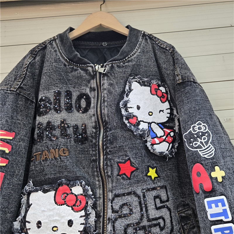 Marca de moda europea desmontable chaqueta de revestimiento interior, chaqueta de vaqueros de dibujos animados extranjeros, chaqueta bordada, chaqueta de béisbol de algodón